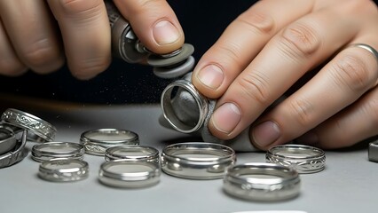 Expert artisan polishing a collection of meticulously crafted silver rings