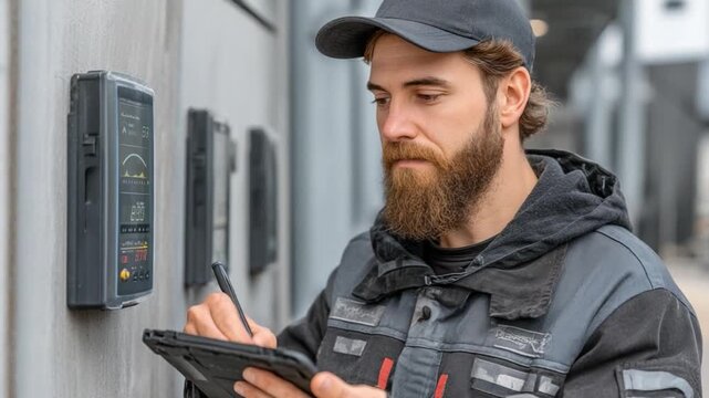 Young Male Technician Installing Smart Energy Meter in Eco Factory