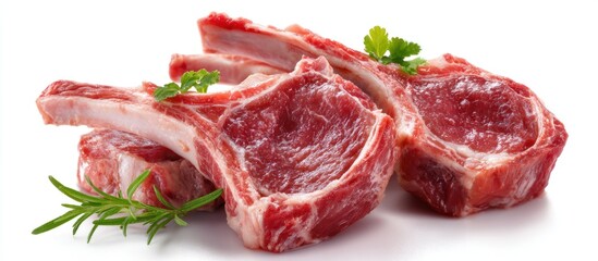 Fresh raw lamb chops with sprigs of herbs, isolated on white background