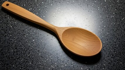 Wooden spoon resting on a speckled kitchen countertop for cooking preparations