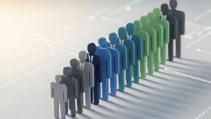 Simplified 3D human figures arranged in depth layers, soft lighting, modern business technology concept, clean composition.