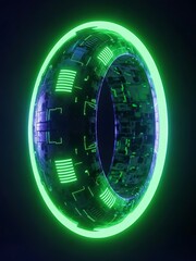 Glowing futuristic ring with intricate circuit designs against dark backdrop