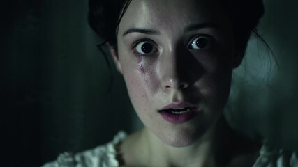 Close-up of young frightened woman with tears streaming down face wide terrified eyes scared expression horror thriller suspense cinematic dramatic emotional fear