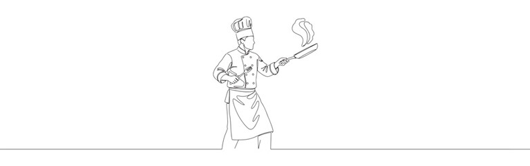 Fototapeta premium Continuous line drawing of a chef cooking with a pan, symbolizing culinary art, professional cooking, and passion for food