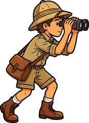Cartoon explorer boy with binoculars safari outfit adventure scouting wildlife discovery illustration isolated on white background for education travel and exploration themes © Ideasy Mind