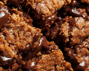 a close-up of broken brownie pieces. Crumbly golden-brown texture