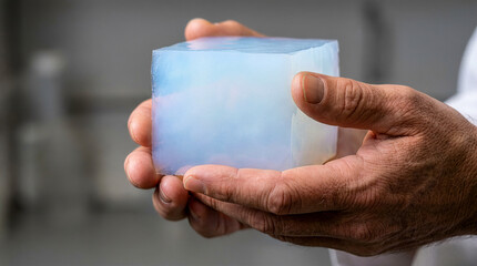 Aerogel: Hands holding blue aerogel block, frozen smoke material, advanced insulation concept, science innovation..
