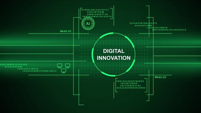Futuristic Digital Innovation Interface Background with Green Glowing Data Visualization and AI Symbols