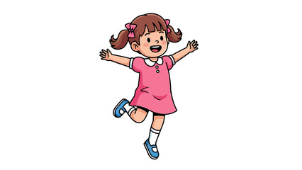 Joyful Little Girl with Pigtails and Pink Dress Happily Jumping.