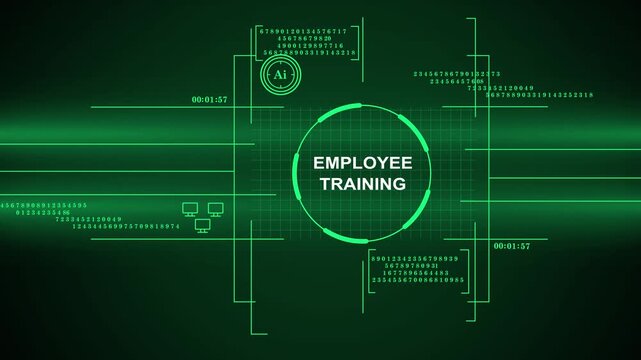 Futuristic green digital HUD interface display with employee training text and artificial intelligence data elements on dark background.