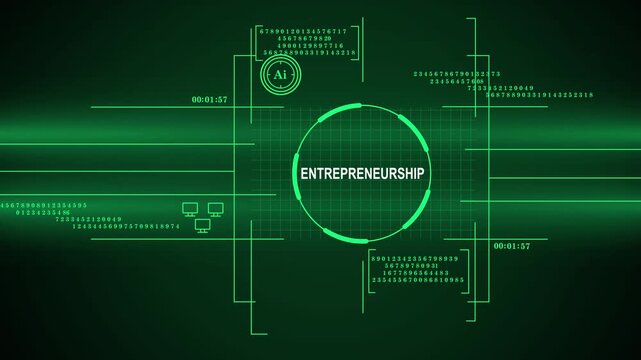 A high-tech green digital HUD interface displaying the word Entrepreneurship inside a rotating circle, surrounded by scrolling data numbers, grids, and abstract technological elements for business