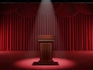 Ornate wooden podium under a spotlight against a red curtain backdrop