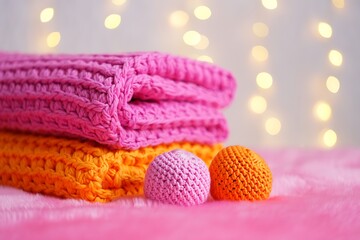 Colorful handmade knitted winter accessories including scarves gloves and balls of yarn on soft pink background