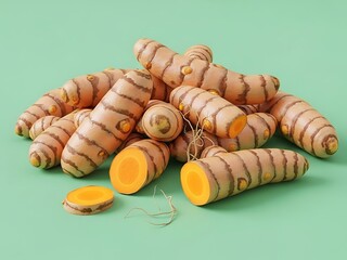 Pile of fresh organic turmeric roots and slices on a soft green surface