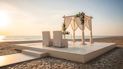 Romantic beach wedding setting at sunset with floral decoration