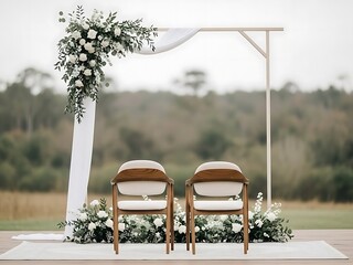 Serene outdoor wedding setup with floral arch and modern chair arrangement