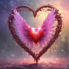 Magical Valentine heart with fairy wings, dreamy romantic mood, soft lighting