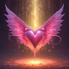 Magical Valentine heart with fairy wings, dreamy romantic mood, soft lighting