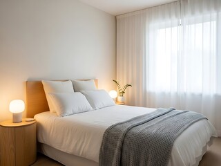 Serene bedroom with soft textures and warm lighting evokes tranquility
