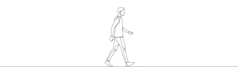 Continuous line drawing of a person walking, symbolizing movement, journey, and daily routine