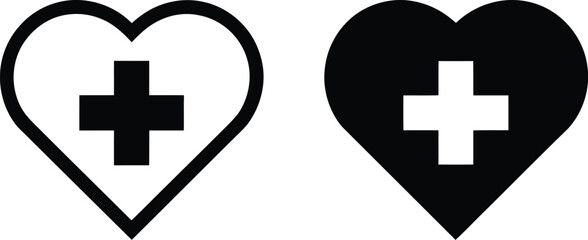 Monochrome heart symbols featuring a prominent medical cross, representing essential healthcare, wellness, and supportive medical assistance concepts