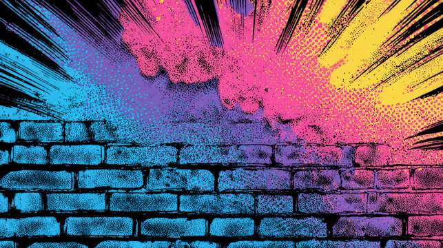Colorful graffiti on brick wall with explosive halftone effects, featuring vibrant blue, pink and yellow pop art splashes.