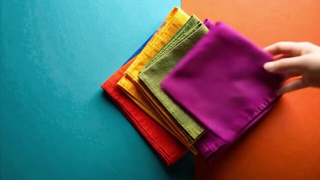 Colorful fabric napkins stacked on vibrant textured surface