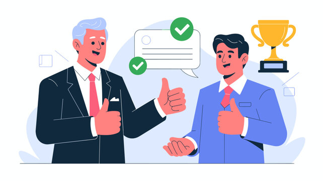 a smiling mature businessman giving a thumbs-up to a young professional vector illustration