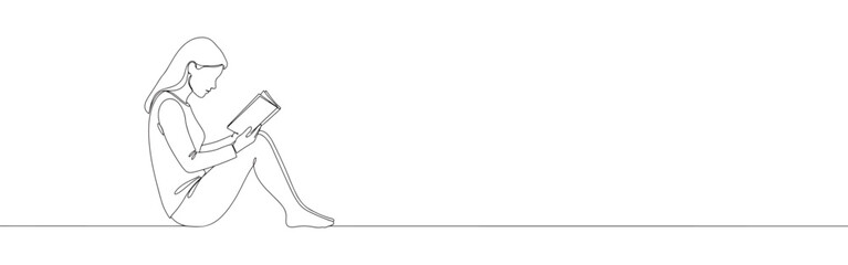 Obraz premium Continuous line drawing of a person reading a book, symbolizing education, knowledge, and quiet contemplation