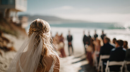 A bride with flowing hair and veil approaches a seaside wedding ceremony. Sunlit waves and gathered guests create a romantic, scenic coastal celebration atmosphere.