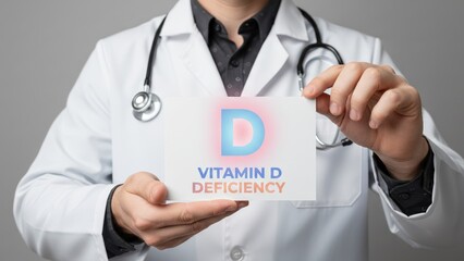 A medical professional holding card with bold health message about vitamin d deficiency, clean clinic awareness concept