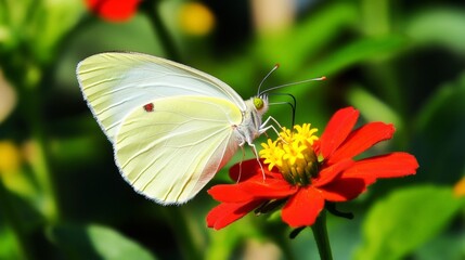 Yellow butterfly is resting on a bright red flower surrounded by lush green leaves, highlighting the delicate details of its wings in a garden environment