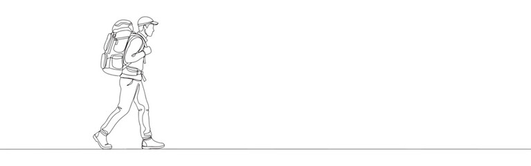 Fototapeta premium Continuous line drawing of a hiker with a backpack and walking stick, symbolizing adventure, nature, and outdoor exploration