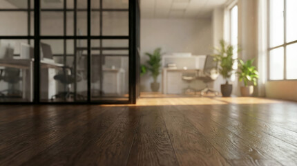 Low angle view of polished dark wood floor in a modern, bright office interior with glass partitions and natural light streaming through windows, creating a warm and professional atmosphere