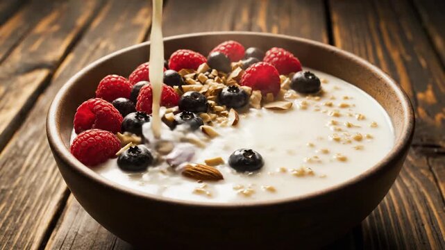 Cinematic close up of healthy oatmeal porridge topped with fresh organic berries and creamy milk served in a ceramic bowl on a rustic wooden table for a nutritious breakfast morning meal