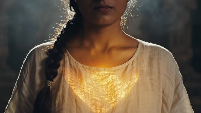 Cinematic close-up of a tranquil individual meditating with deep focus on the chest area during a peaceful breathing exercise, capturing calm mindfulness and spiritual serenity in slow motion.