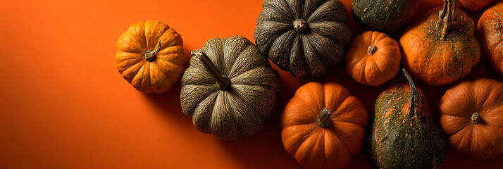 Fototapeta premium A vibrant arrangement of orange and green pumpkins on a solid orange background for fall decoration
