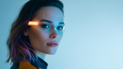 Futuristic woman portrait, cyber glasses, neon light, blue background, sci fi concept, digital art style confident futuristic