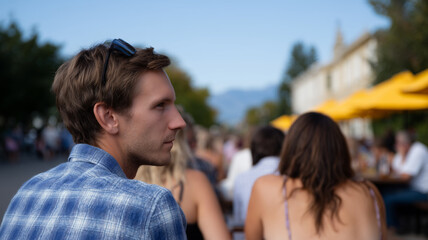 Man outdoor portrait shallow depth of field casual summer crowd street cafe social