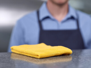 Yellow cleaning cloth microfiber on metal surface with janitor uniform background, hygiene concept focus