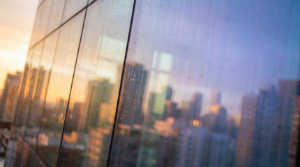 Modern glass facade of a skyscraper reflecting a vibrant city skyline during sunset or sunrise with soft focus and water droplets visible on the surface