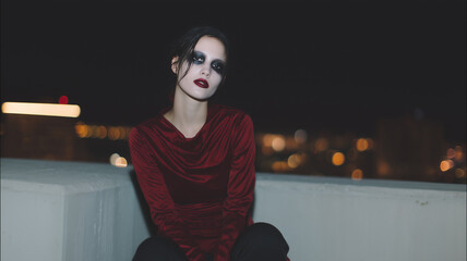 Vampire woman gothic makeup night rooftop city moody portrait edgy style seductive vibe urban background