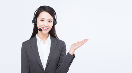 Call center headset asian woman business suit customer support smiling female agent with copy space