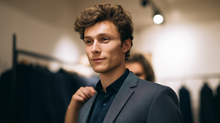 Young man handsome curly hair blazer formal wear clothing store fitting confident young man stylish blazer during suit fitting