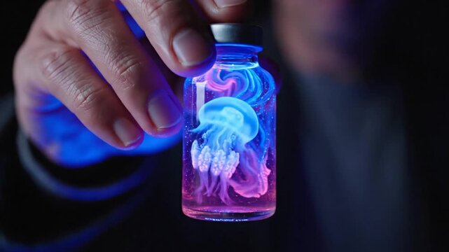 Cinematic close-up of a human hand delicately gripping a small glass vial filled with luminous iridescent blue and vibrant pink bioluminescent liquid, mystical potion glowing in soft lighting.