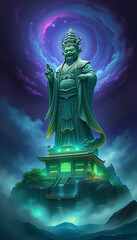 An ancient gold Buddha statue stands as a monumental landmark against the night sky, blending spiritual history and cultural art into a majestic celestial sculpture