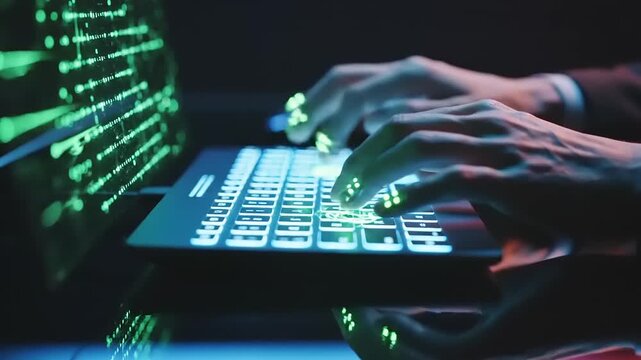 Cybersecurity expert typing on laptop analyzing digital data in dark room