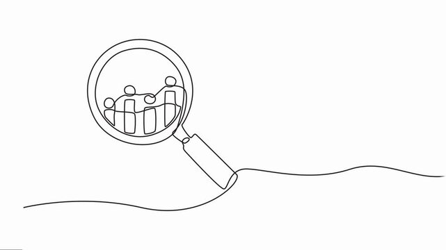 Animated self-drawing of a continuous line draw Continuous line magnifying glass and bar graph business,  growing up and down. Full-length one-line animation, Data analytics. Search.