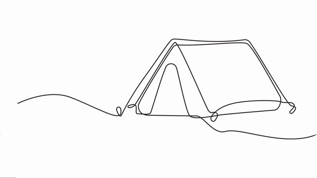 Self-drawing line animation tourist tent continuous one single line drawn concept video, Full length animation, family adventure camping scene. Full-length animation, tent camping in outdoor travel.