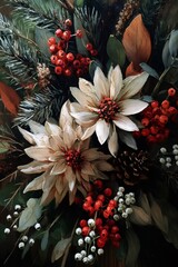 Oil painting featuring winter white flowers, red berries, pine branches, and pine cone for holiday decor